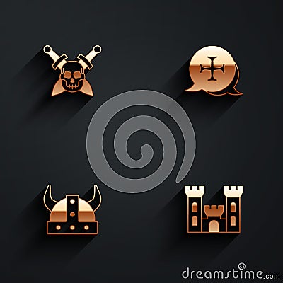 Set Skull with sword, Crusade, Viking in horned helmet and Castle icon with long shadow. Vector Vector Illustration