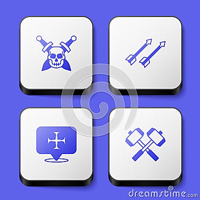 Set Skull with sword, Medieval arrows, Crusade and Crossed battle hammers icon. White square button. Vector Vector Illustration