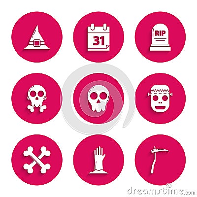 Set Skull, Zombie hand, Scythe, mask, Crossed bones, crossbones, Tombstone with RIP and Witch hat icon. Vector Vector Illustration