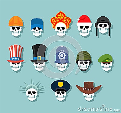 Set of skulls in hats. Statue of Liberty and Uncle Sam. Russian kokoshnik and building helmet. Green beret and hat cylinder. Vector Illustration
