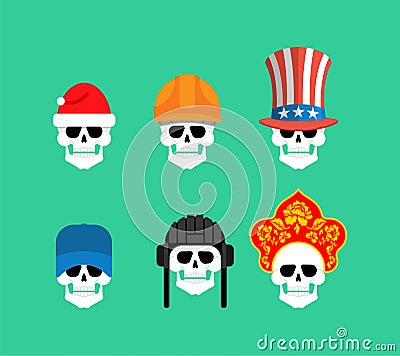 Set of skulls in hats. Statue of Liberty and Uncle Sam. Russian kokoshnik and building helmet. Green beret and hat cylinder. Vector Illustration