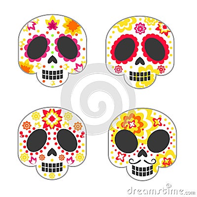 Set of skulls with patterns for the day of the dead. Cartoon Illustration