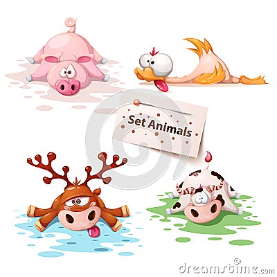 Set sleep animals - pig, duck, deer, cow Vector Illustration