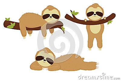 Set sleep, cute sloth isolated on white background. Cartoon bear character rest, hang and relax. Different pose, funny, adorable Cartoon Illustration