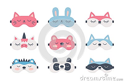 Set of sleep masks for eyes with cute animals. Night accessory to healthy sleep, travel and recreation Vector Illustration