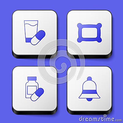Set Sleeping pill, Pillow, and Ringing bell icon. White square button. Vector Vector Illustration