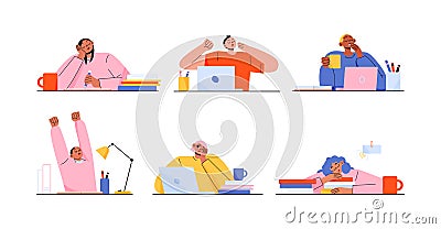 Set of sleepy people tired of work or studying Cartoon Illustration