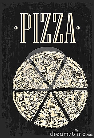 Set slice pizza Pepperoni, Hawaiian, Margherita, Mexican, Seafood, Capricciosa. Vector Illustration
