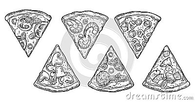 Set slice pizza Pepperoni, Hawaiian, Margherita, Mexican, Seafood, Capricciosa. Vector Illustration