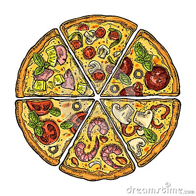 Set slice pizza Pepperoni, Hawaiian, Margherita, Mexican, Seafood, Capricciosa. Vintage vector engraving illustration for poster, Vector Illustration