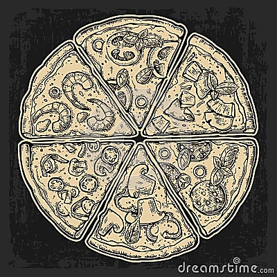 Set slice pizza Pepperoni, Hawaiian, Margherita, Mexican, Seafood, Capricciosa. Vintage vector engraving illustration Vector Illustration