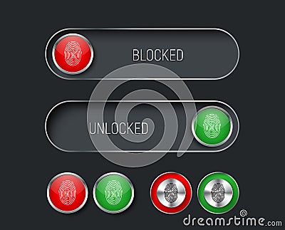 Set of sliders, switches and buttons red and green. Vector Illustration