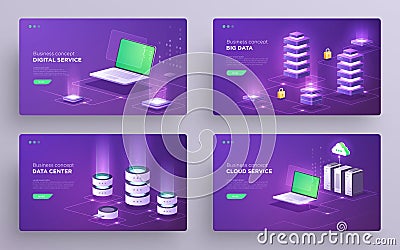 Set of slides, hero pages or digital technology banners. Data guarding, web hosting, cloud backup, network topology Cartoon Illustration