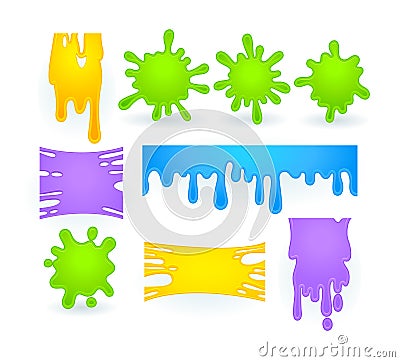 Set of Slime Splashes, Liquid Goo of Yellow, Purple, Green and Blue Blots. Dripping Halloween Texture for Banner Vector Illustration