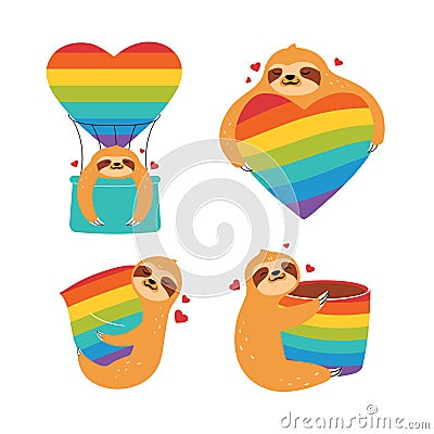 The set of sloths is hugging rainbow hearts. The collection animals for rainbow day Vector Illustration