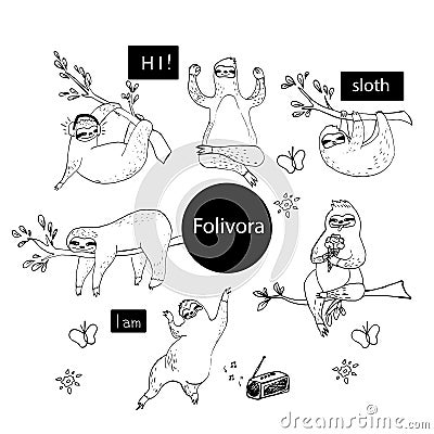 Set of sloths, tropical animals. A sloth in a tree, a sloth meditates, eats ice cream, dances. Cartoon Illustration