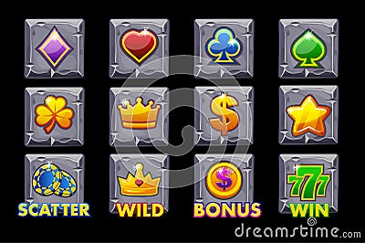 Set Slots icons on stone square for slot machines or casino. Game casino, slot, UI Vector Illustration