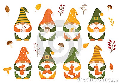A set of small autumn dwarfs in caps, who hold mushrooms, twigs, berries and the letters FALL in their hands. Cute little forest Vector Illustration
