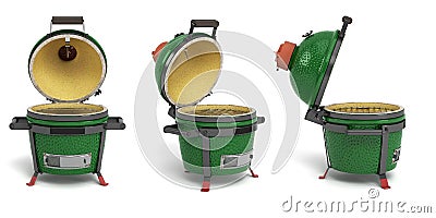 Set of Small barbecue green color BBQ grill with open lid for outdoor prepare meat food 3d illustration Stock Photo
