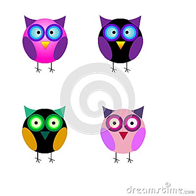 Set of small cute cartoon colorful isolated owls Cartoon Illustration