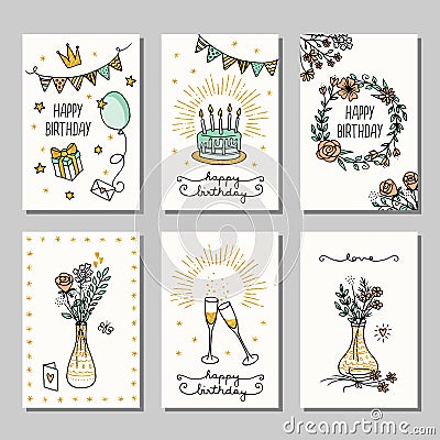 Set of 6 small hand drawn birthday cards Vector Illustration