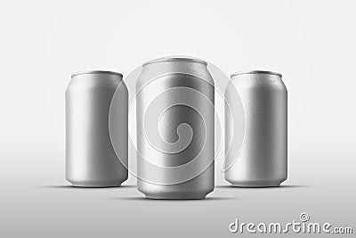 Set of small tin cans with an alcoholic drink with drops of water, a mockup standing in the background for advertising Stock Photo