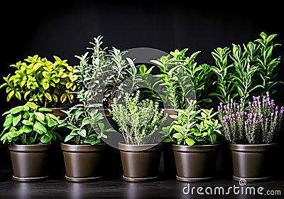 Set of small vases with aromatic plants for cooking or other uses. Healthy life. AI generated Stock Photo