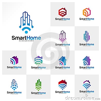 Set of Smart City Tech Logo Vector. City Net Logo Concept Vector. Wifi House Vector Logo Vector Illustration