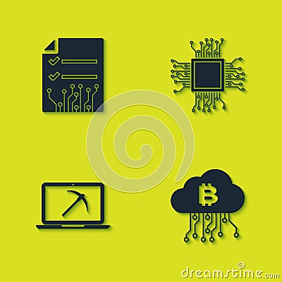 Set Smart contract, Cryptocurrency cloud mining, Mining with laptop and pickaxe and Processor icon. Vector Vector Illustration