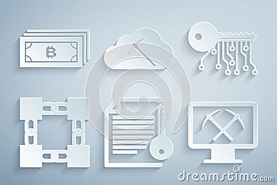 Set Smart contract, Cryptocurrency key, Blockchain technology, Mining with monitor and pickaxe, cloud mining and bitcoin Vector Illustration