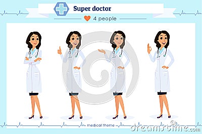 Set of smart doctor presenting in various action, isolated on white.Flat cartoon style.Hospital medical team.People character Stock Photo