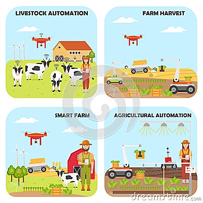 Set of Smart farm backgrounds. Agricultural and livestock automation Vector Illustration