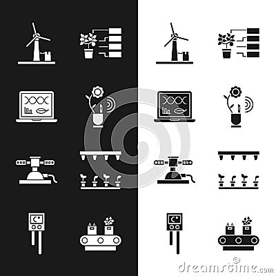 Set Smart farming technology, Genetic engineering modification, Wind turbine, Flower analysis, Automatic irrigation Vector Illustration