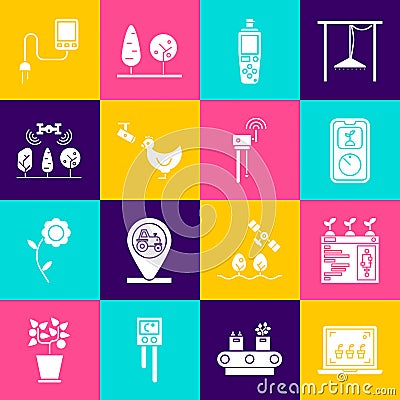 Set Smart farming technology, Portable sensor, Chicken and camera, with drone, Sensor and Router wi-fi signal icon Vector Illustration