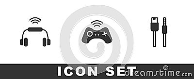 Set Smart headphones system, Wireless gamepad and USB cable cord icon. Vector Vector Illustration