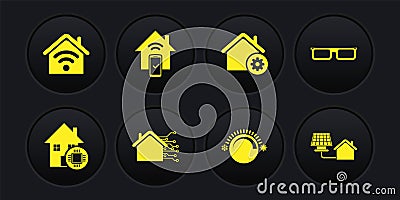 Set Smart home, Glasses, Thermostat, settings, remote control system, House with solar panel and wi-fi icon. Vector Vector Illustration