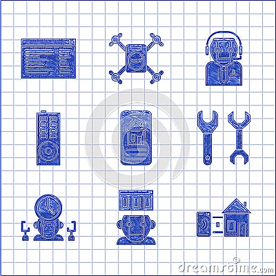 Set Smart home, Robot, Spanner, and digital time manager, Remote control, Worker robot and Software, web developer Vector Illustration