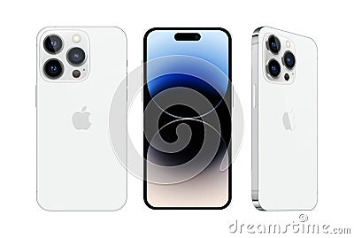 Set of Smart phone Apple iPhone 14 Pro in different sides, in official silver color, on white background. Realistic vector Vector Illustration