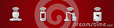 Set Smart sensor, Wireless smartphone, Robotic robot arm hand factory and washer icon. Vector Stock Photo