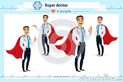 Set of smart super doctor presenting in various action, isolated on white background. Different gestures. Flat cartoon style. Stock Photo