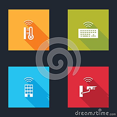Set Smart thermometer, Wireless keyboard, home with wireless and security camera icon. Vector Vector Illustration