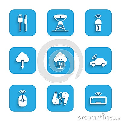 Set Smart Tv, Air headphones, Computer keyboard, car system, Wireless computer mouse, Cloud download, Usb wireless Vector Illustration