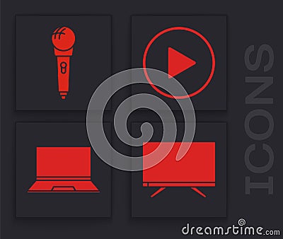 Set Smart Tv, Microphone, Play in circle and Laptop icon. Vector Vector Illustration