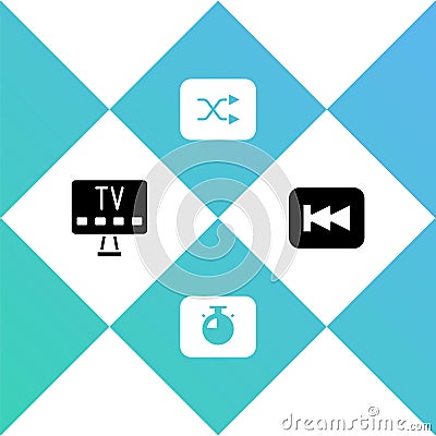 Set Smart Tv, Stopwatch, Arrow shuffle and Rewind button icon. Vector Stock Photo