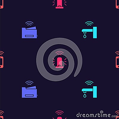 Set Smart water tap, printer, flasher siren and Wireless smartphone on seamless pattern. Vector Vector Illustration