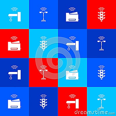 Set Smart water tap, street light, printer and traffic icon. Vector Vector Illustration