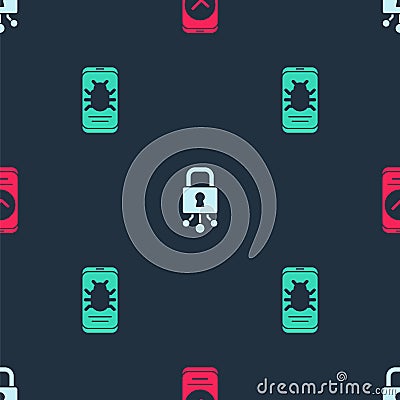 Set Smartphone, Cyber security and System bug mobile on seamless pattern. Vector Stock Photo