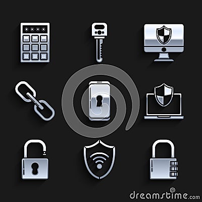 Set Smartphone with lock, Safe combination, Laptop protected shield, Open padlock, Chain link, Computer monitor and and Vector Illustration