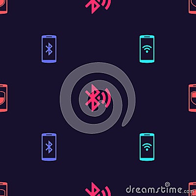 Set Smartphone with wireless, bluetooth, Bluetooth connected and shield on seamless pattern. Vector Vector Illustration