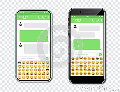 Set of smartphones with blank chat messenger and emoticons. Template with message bubbles in smartphone with emoji Vector Illustration